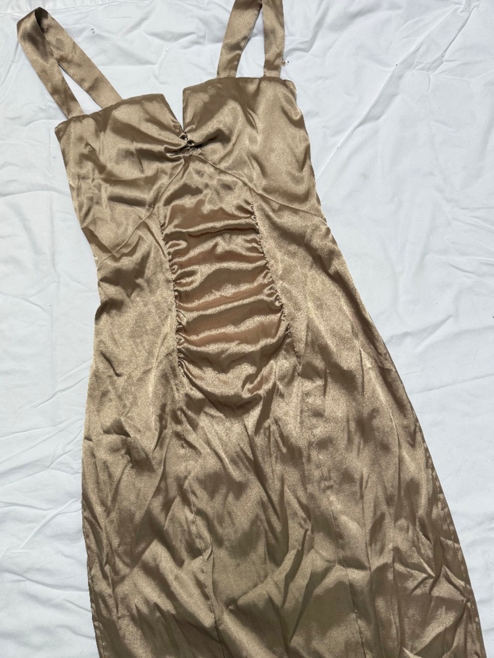 VINTAGE y2k Le Chateau metallic champagne gold satin ruched cocktail dress